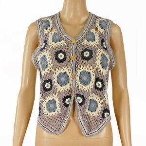 Vintage Crochet Floral Lace Square Quilt Gilet Knit Ramie Cotton Button Up Vest